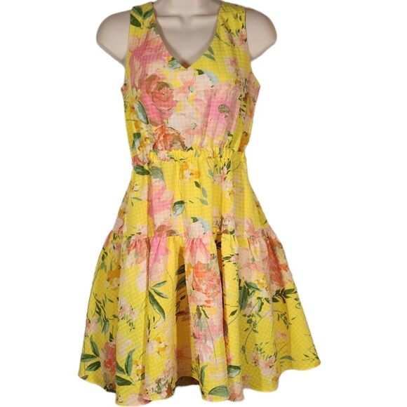 Maison Tara Dress Floral Seersucker Tiered Mini Sleeveless Cut Out Pink Yellow 4 - Picture 16 of 16
